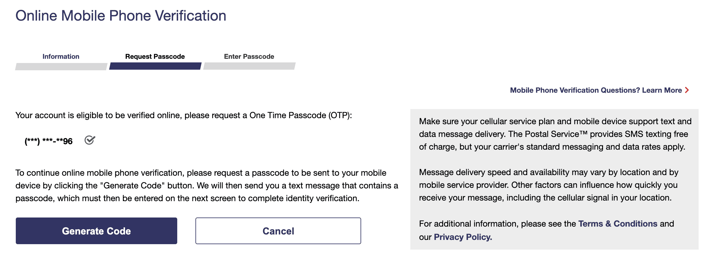 online mobile phone verification when creating an account with the united states postal service 