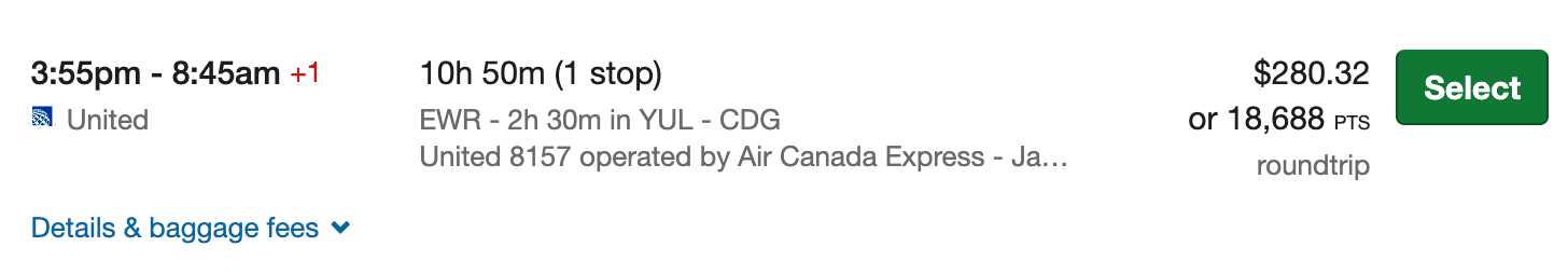 United/Air Canada flight from Montreal to France via Chase Travel