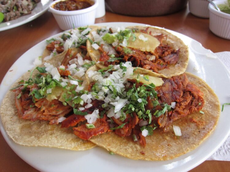 Tasty tacos with salsa on the side, served on a white plate