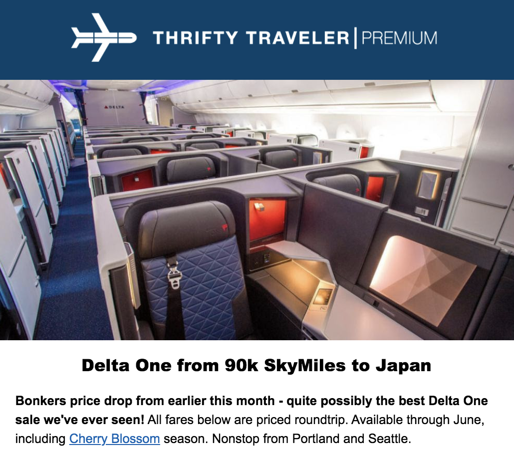 thrifty traveler premium deal flying delta one suites to Japan for 90,000 SkyMiles roundtrip. Bonkers price drop from earlier this month - quite possibly the best Delta One sale we've ever seen. 