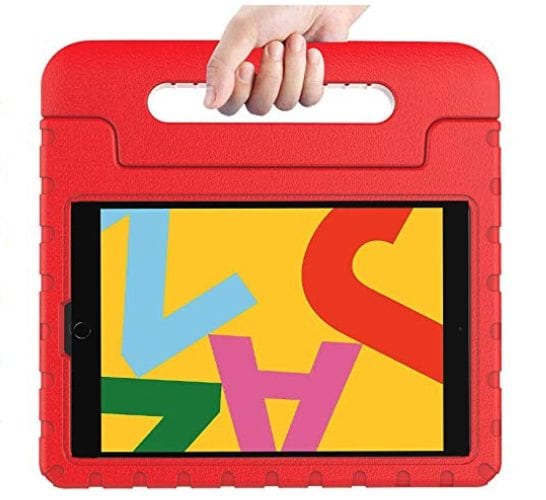 apple ipad in a large red carrying case