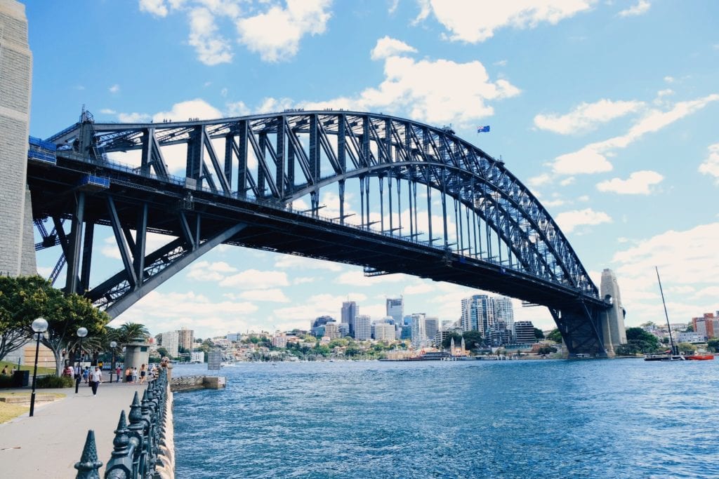A train crossing Sydney Harbour Bridge over a body of water