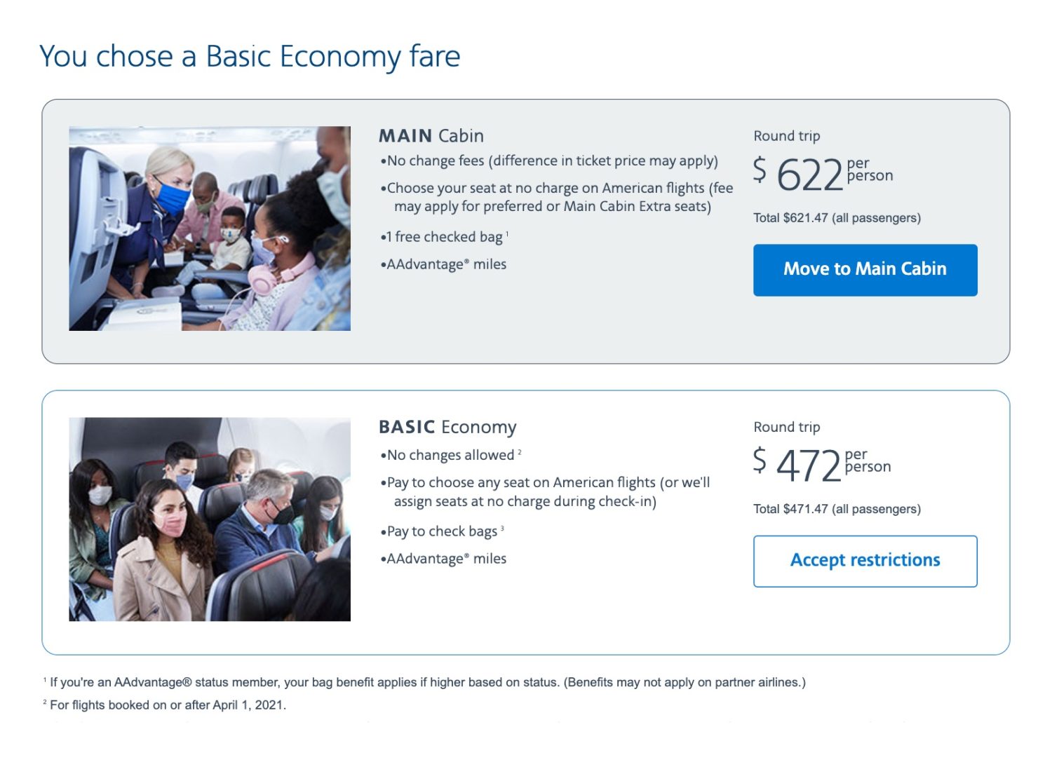 aa basic economy warning