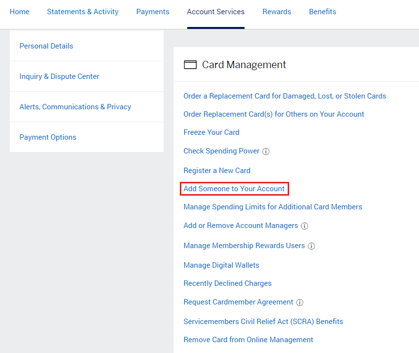 american express screen for card management highlighting the option to add someone to your account