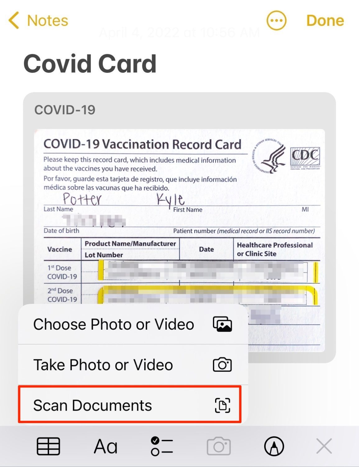 covid card in notes