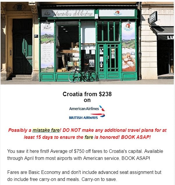 Croatia from $238 on american airlines or british airways