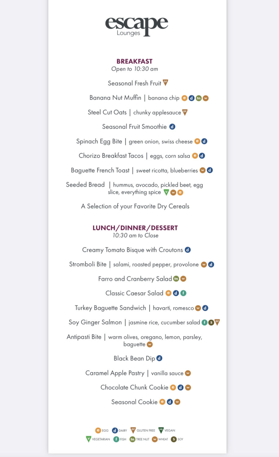escape lounge MSP food menu