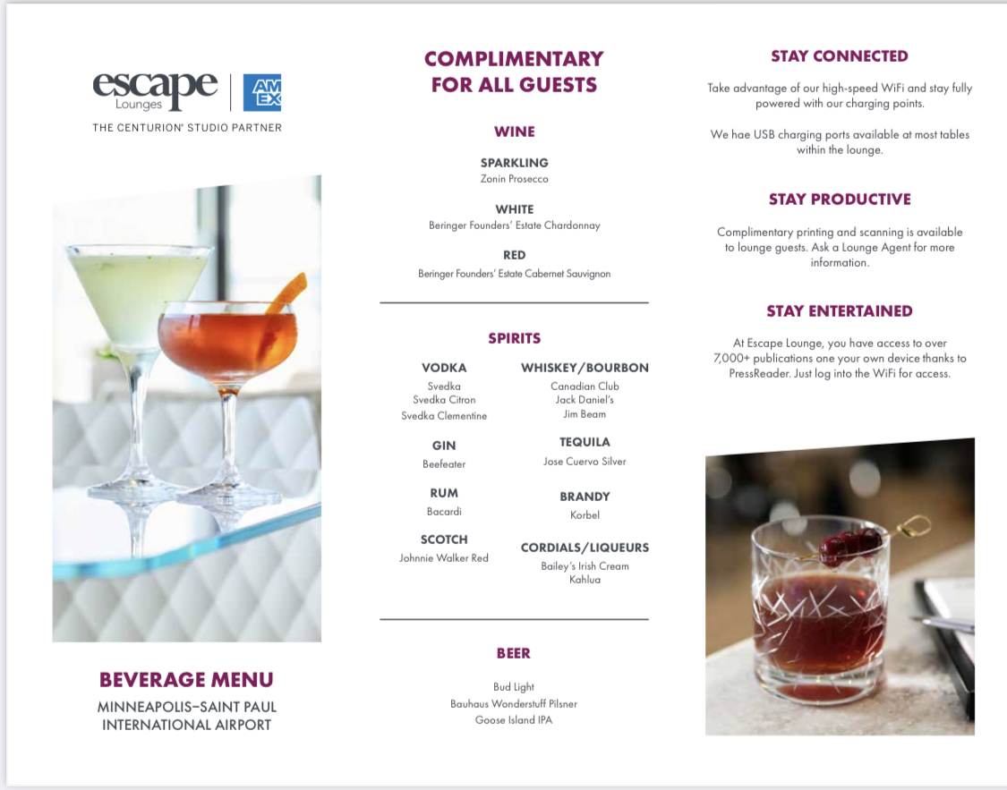escape lounge MSP drink menu