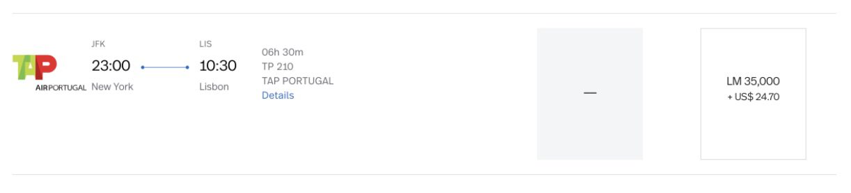 Tap Business Class fare