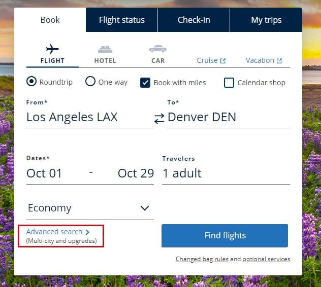 lax to den united booking screen