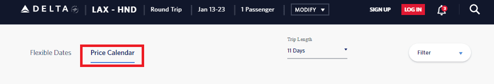delta skymiles search with price calendar option selected