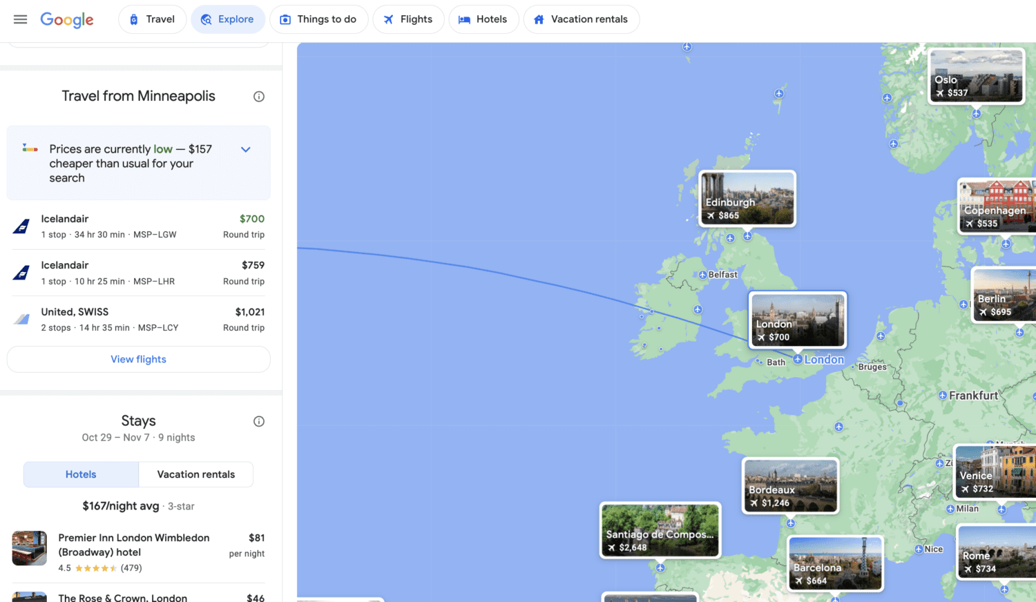 Google Flights Explore London search