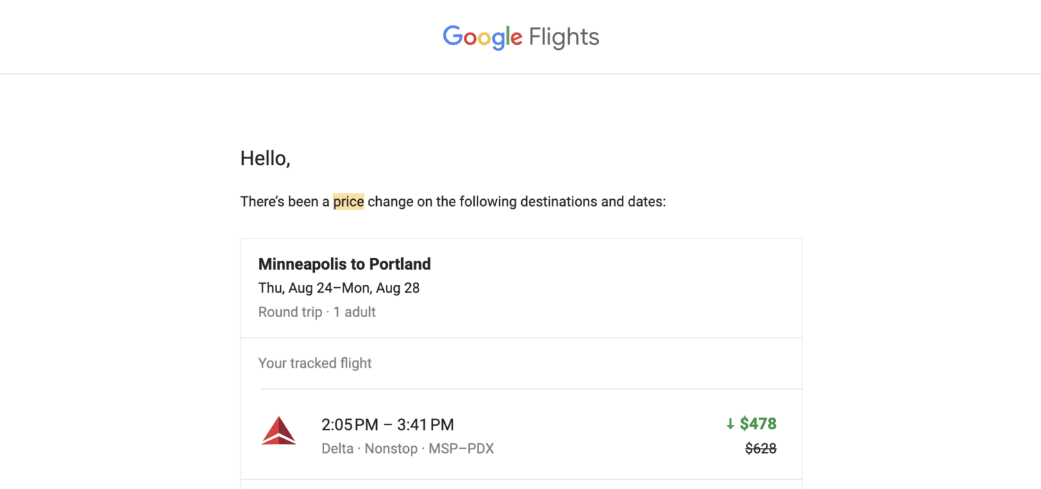 Google Flights price alert for Minneapolis to Portland