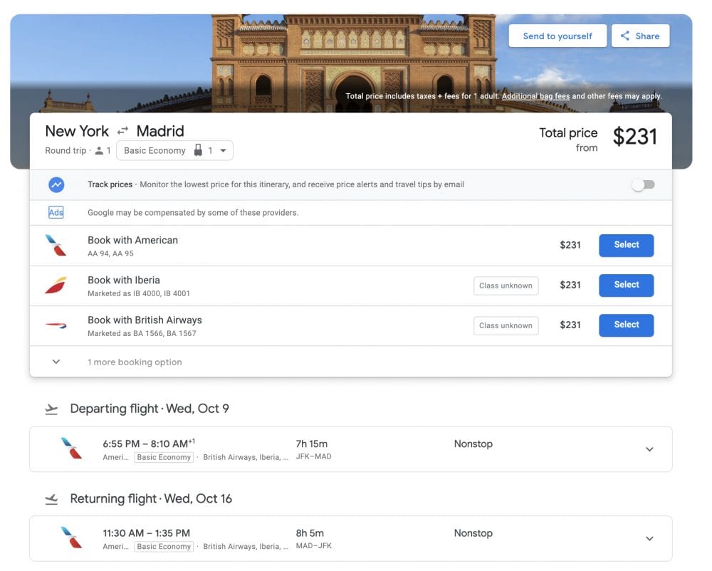 new york to madrid google flights pricing