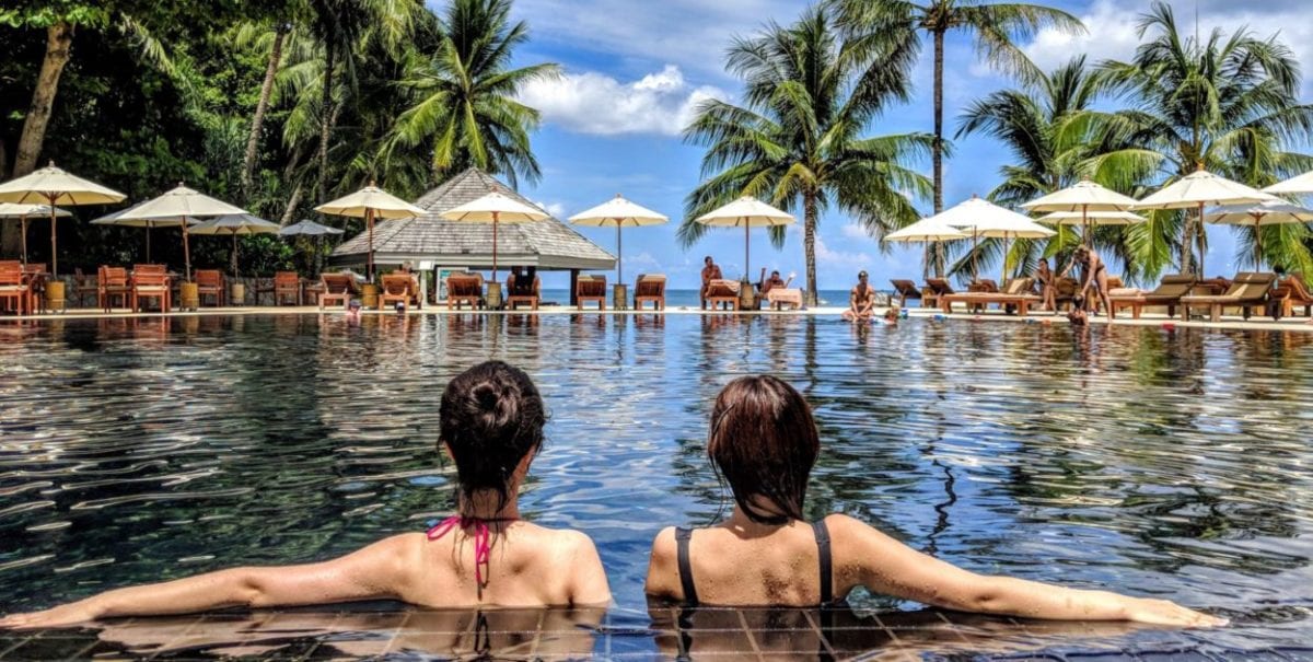 two women in a pool of water