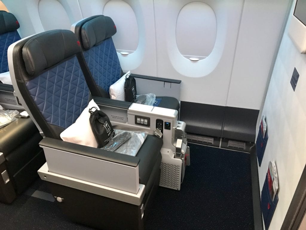 The front row of Delta Premium select seats on a long-haul flight. 