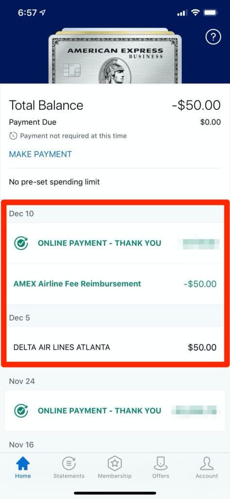 american express app showing amex airline fee reimbursement for a delta purchase
