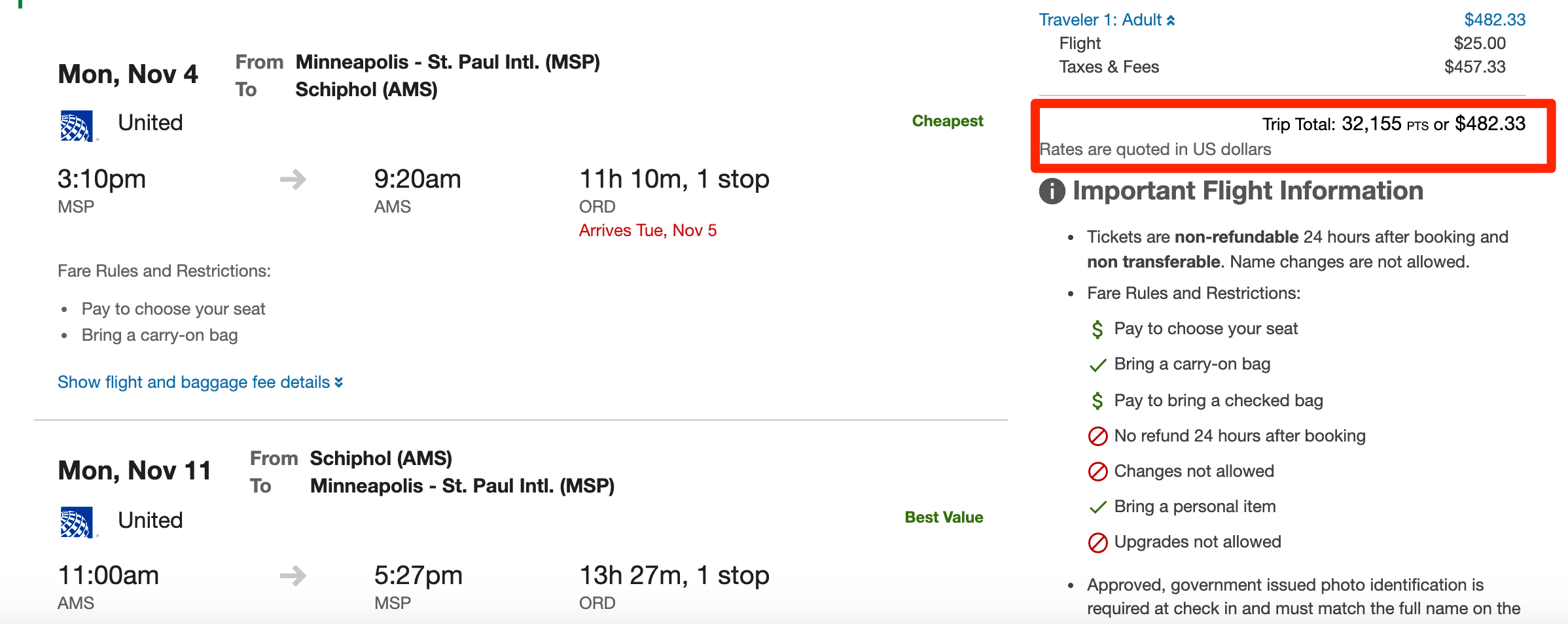 MSP to AMS Chase Travel booking with Chase Sapphire reserve