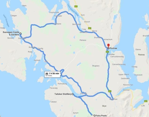 Map of route on the Island of Skye starting and endign in Portree