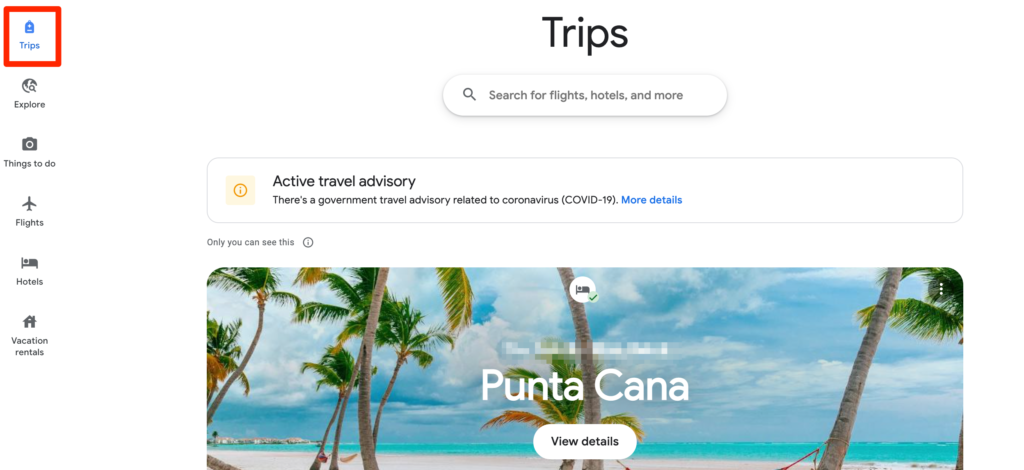 Google Trips information in Google Travel