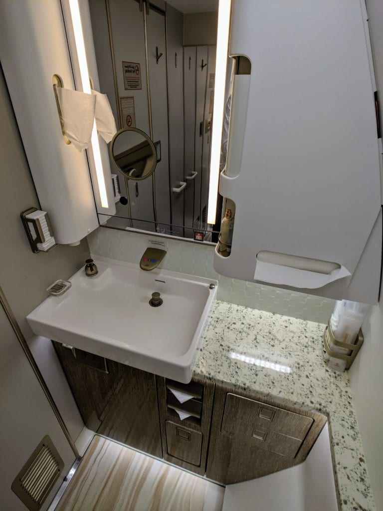 Unbeatable: Emirates Game Changer First Class Suite, Dubai to Male 32 Emirates 777 First Class Bathroom