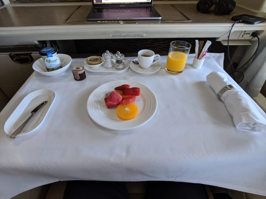 Unbeatable: Emirates Game Changer First Class Suite, Dubai to Male 47 A tray of food on a table