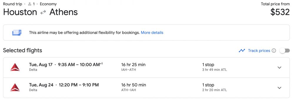 Houston to Athens flight