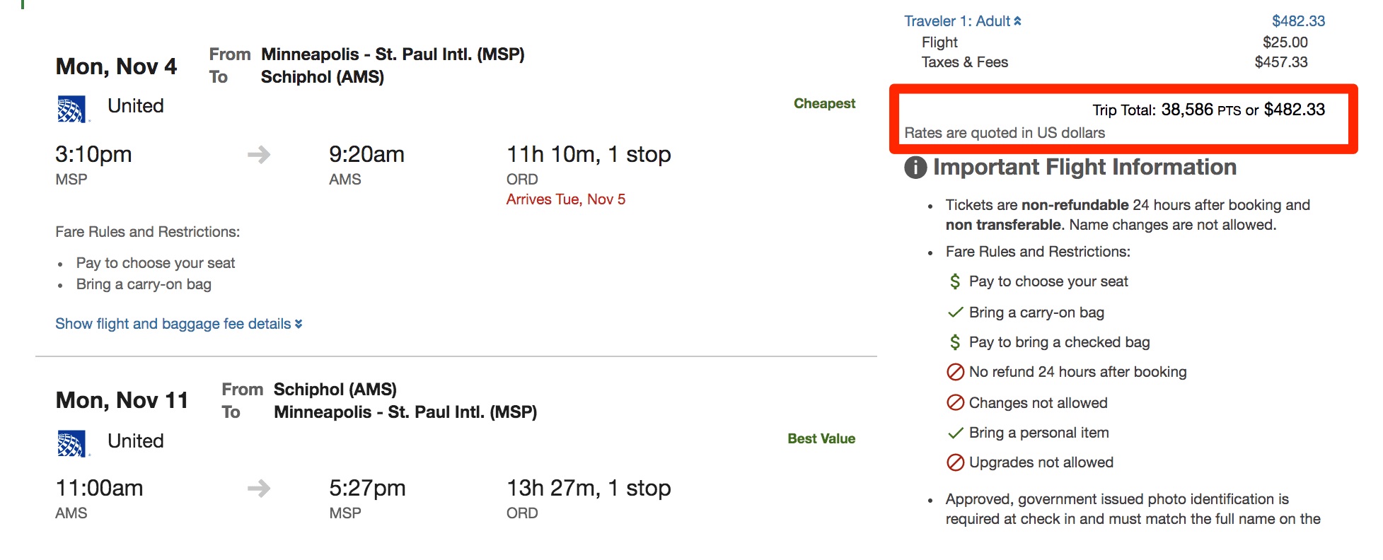 MSP to AMS Chase Travel booking with Chase Sapphire Preferred