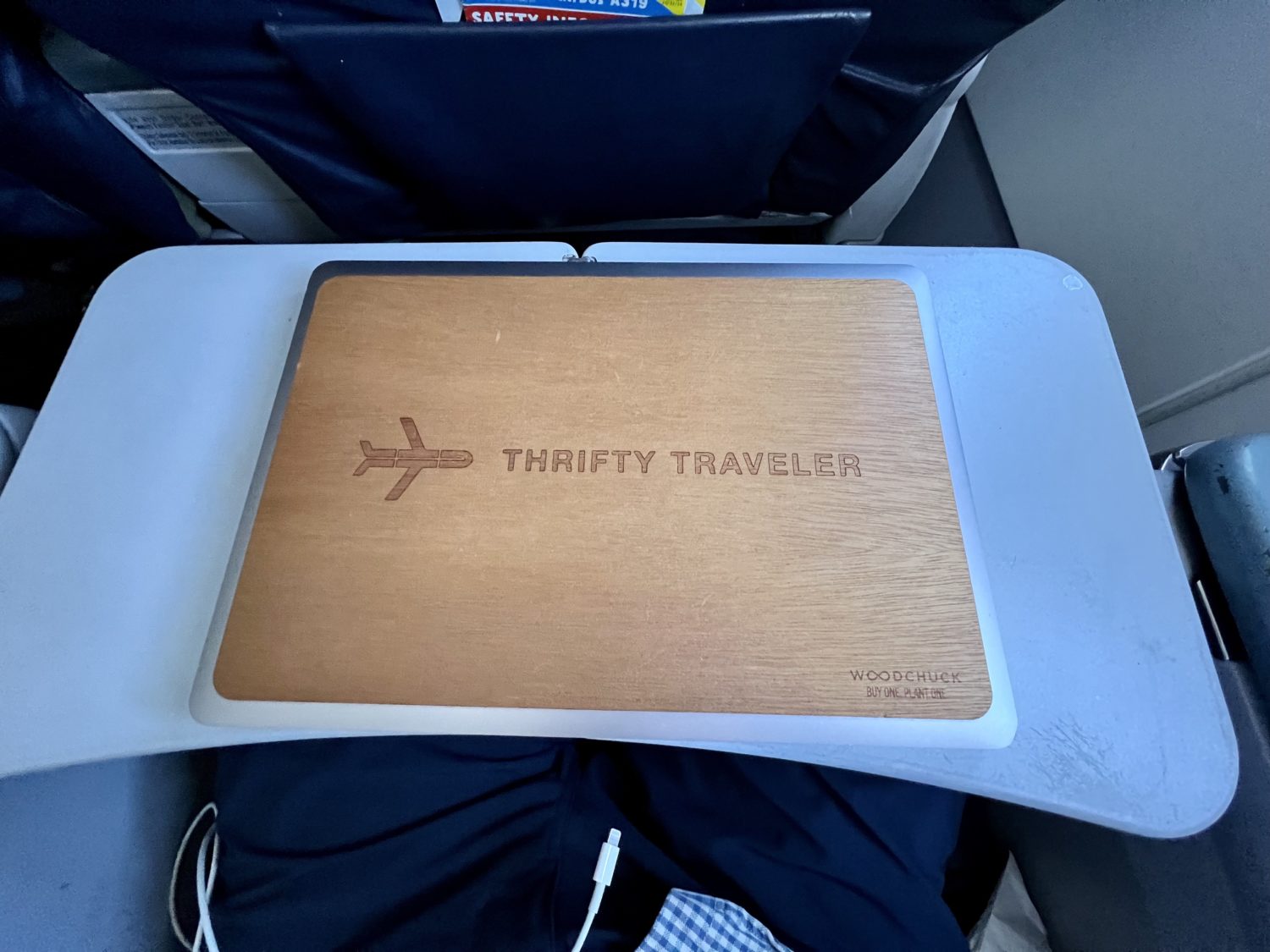 airplane tray table with a laptop sitting on it