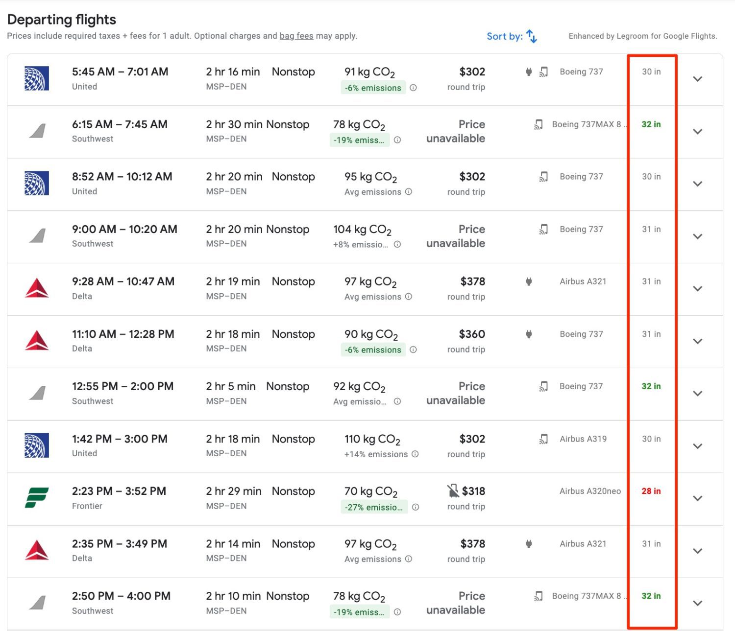 google flights legroom