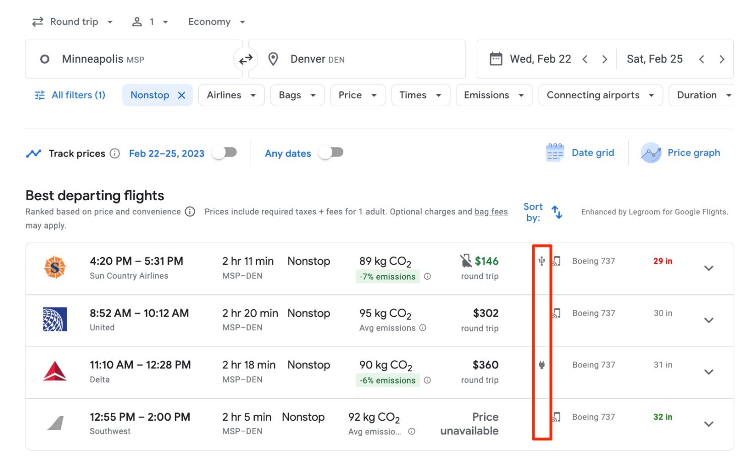 google flights legrooms charging