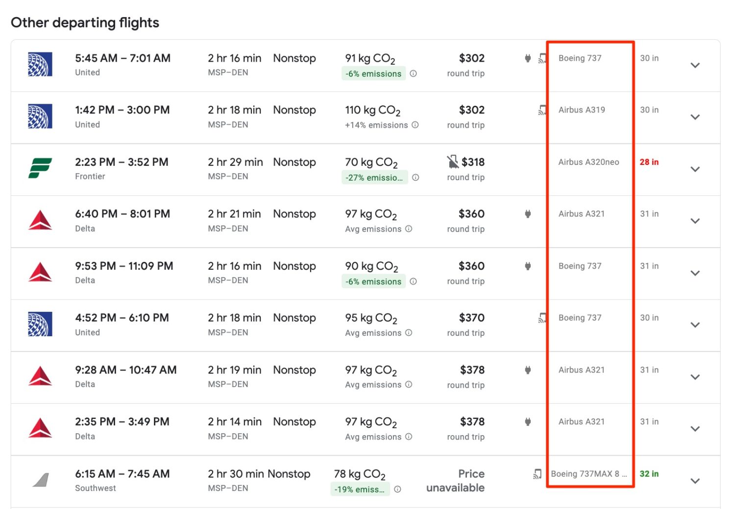 google flights legrooms plane type