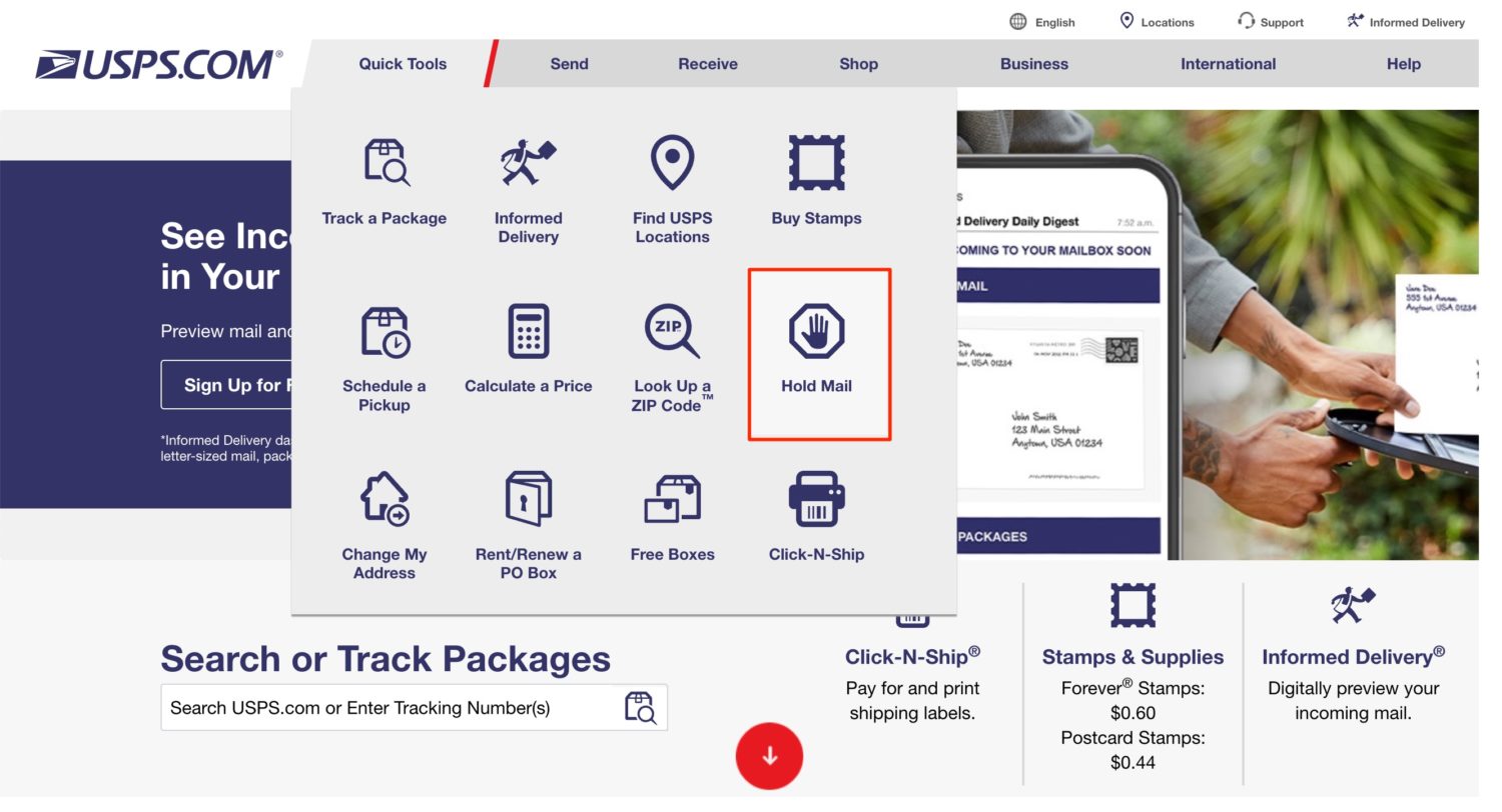 united states postal service home page quick tools options with hold mail selected