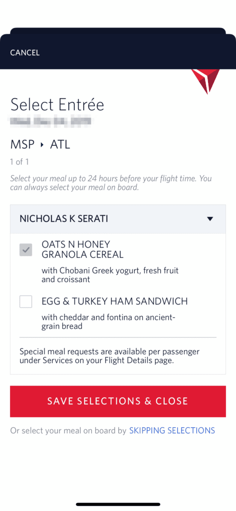 delta app meal selection