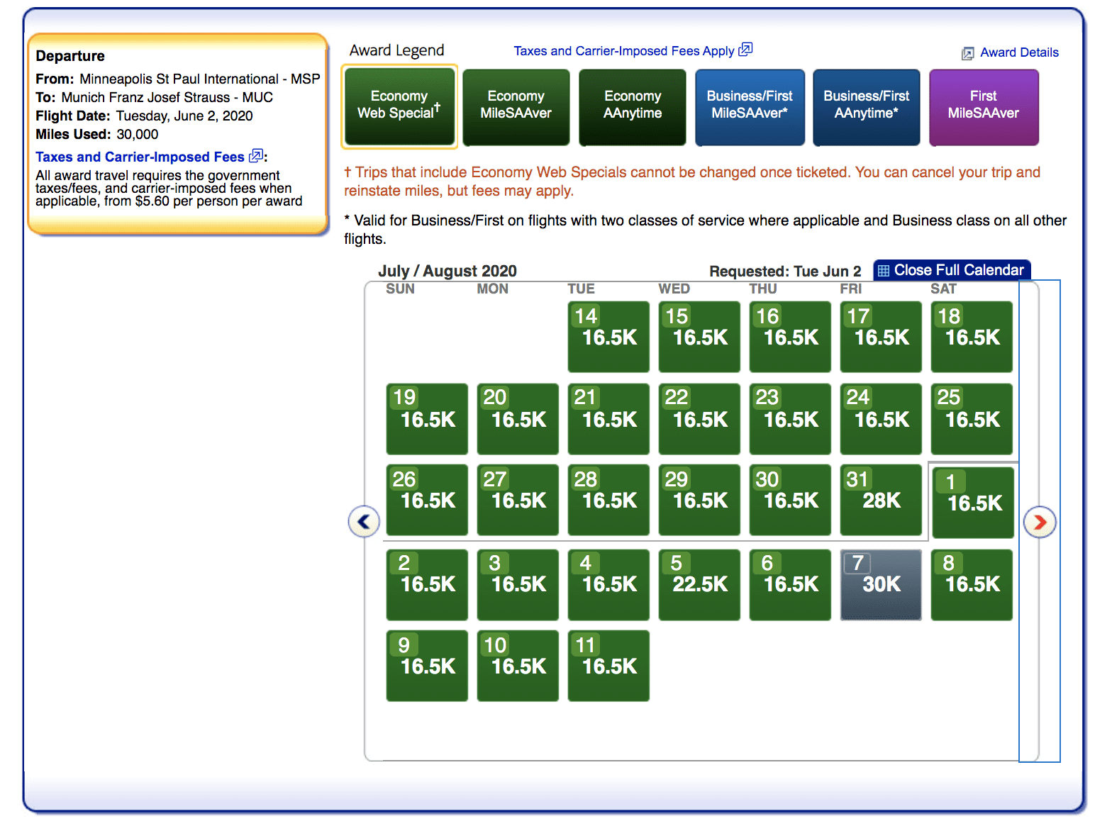 american airlines award calendar