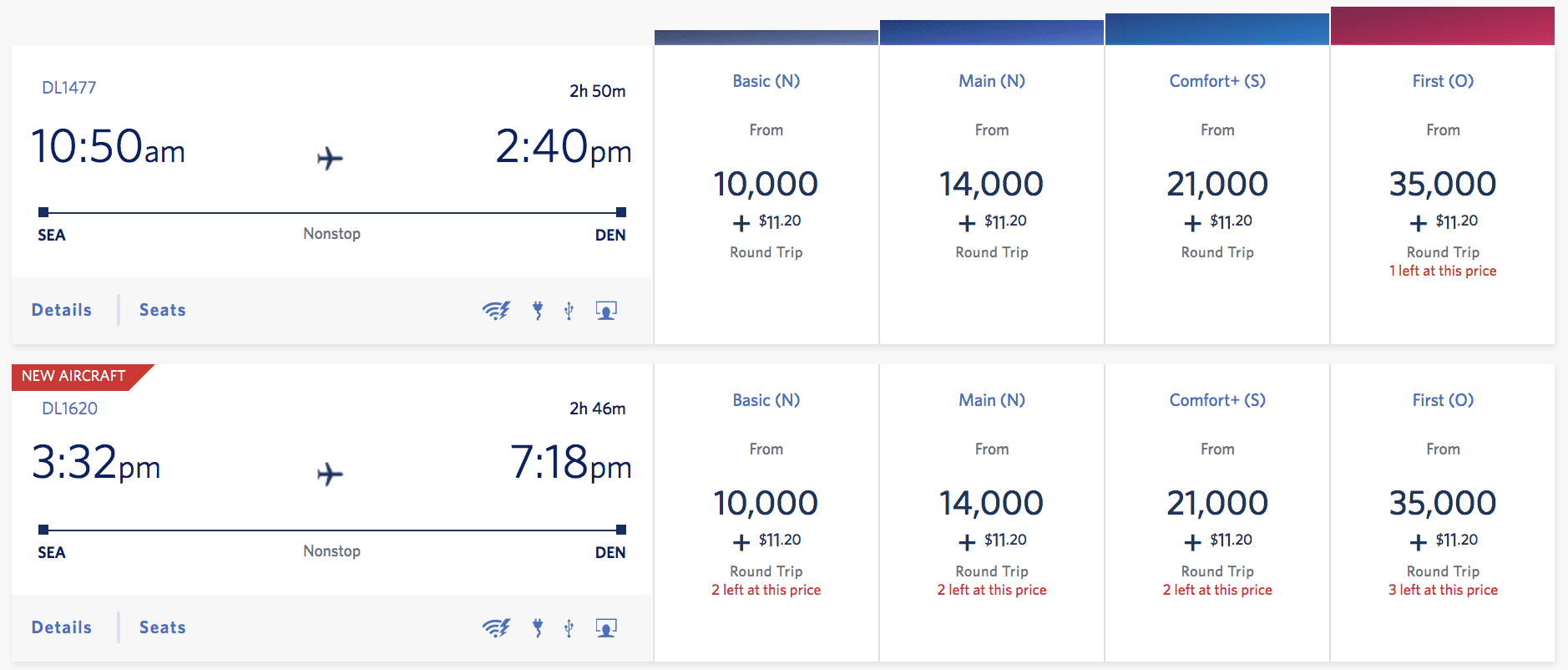 delta flights from seattle to denver for 10,000 skymiles