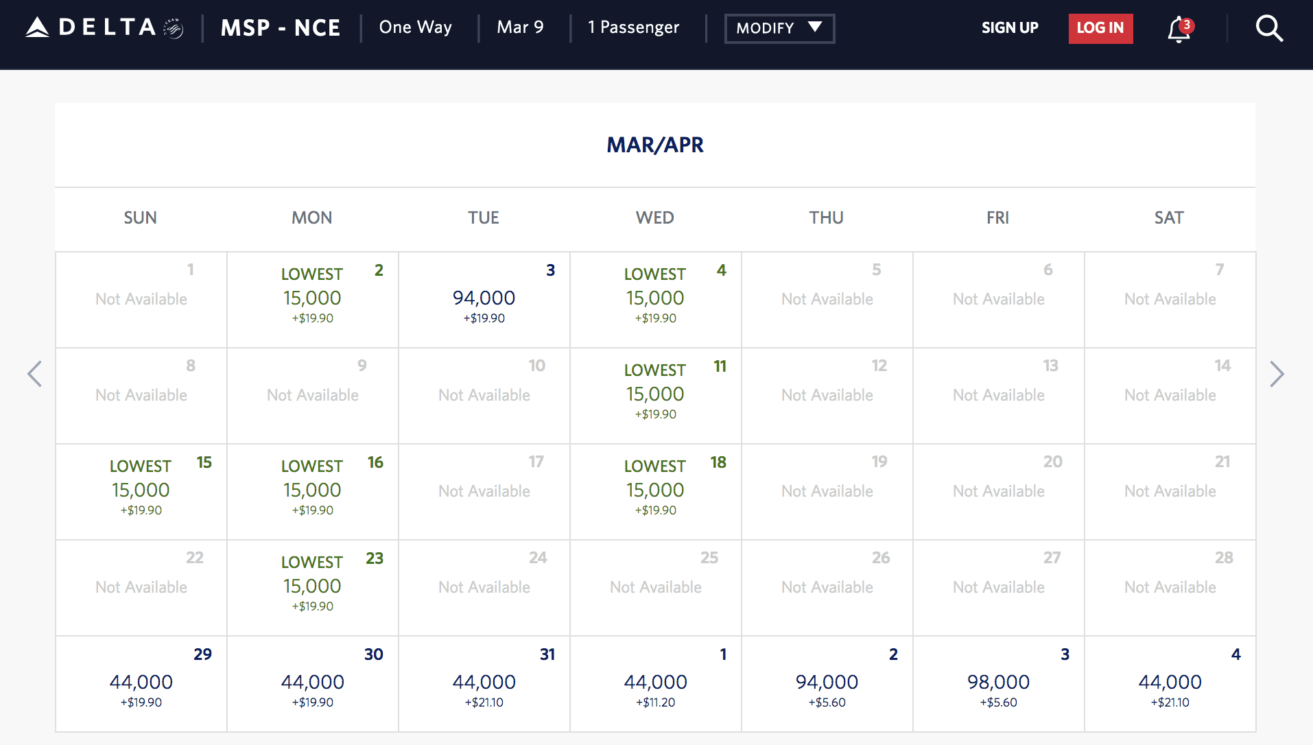 skymiles award calendar