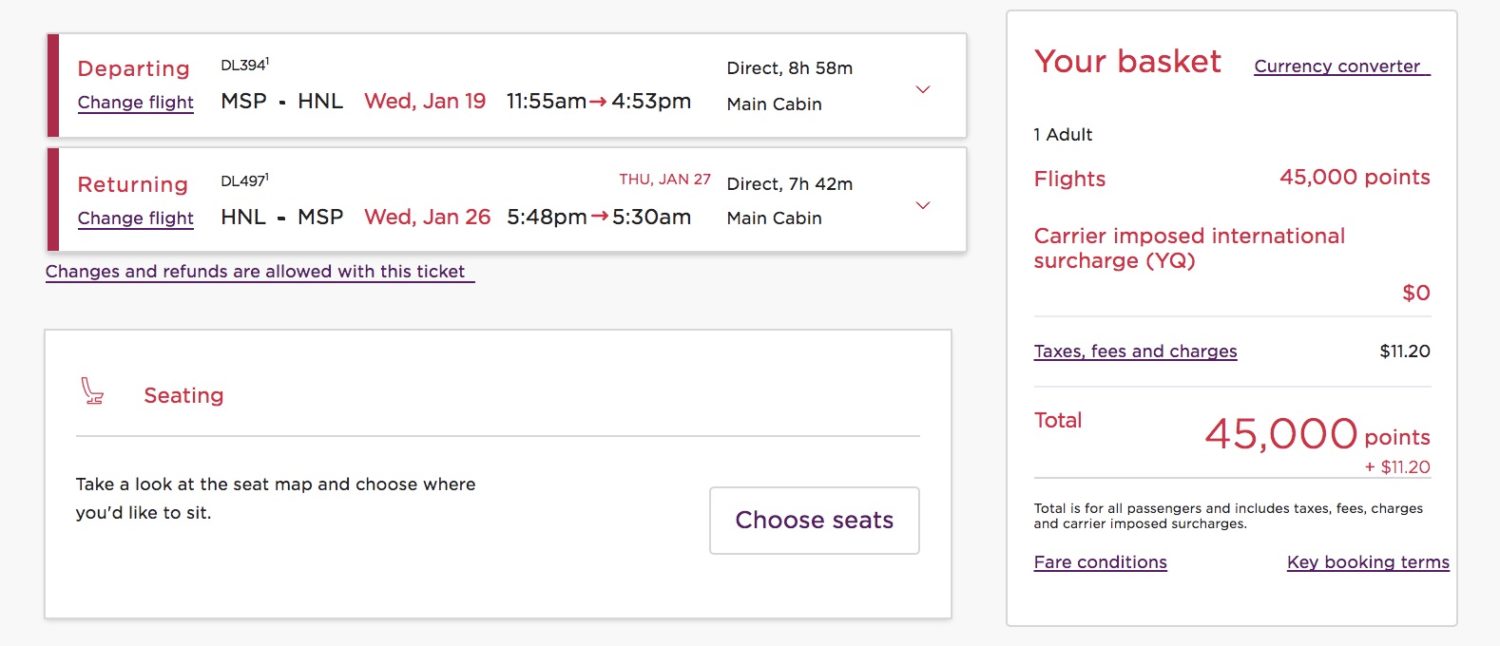 msp to honolulu redemption