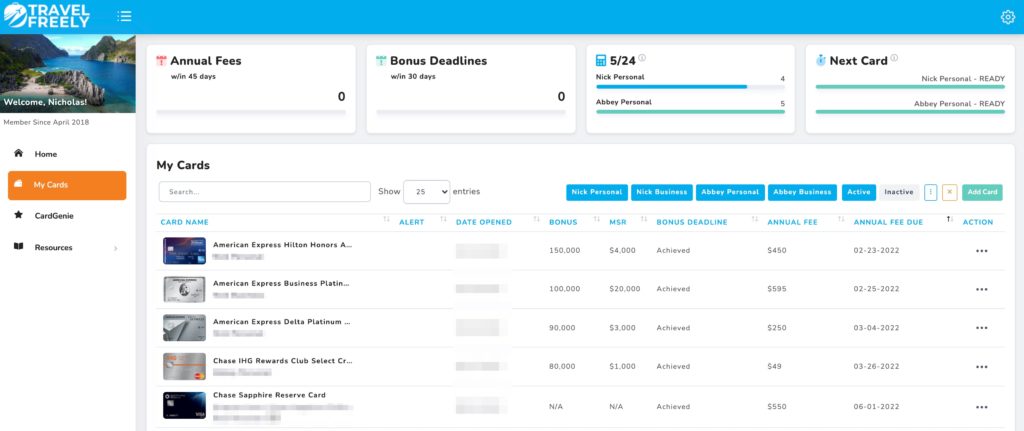 Travel Freely Chase 5/24 Rule tracker