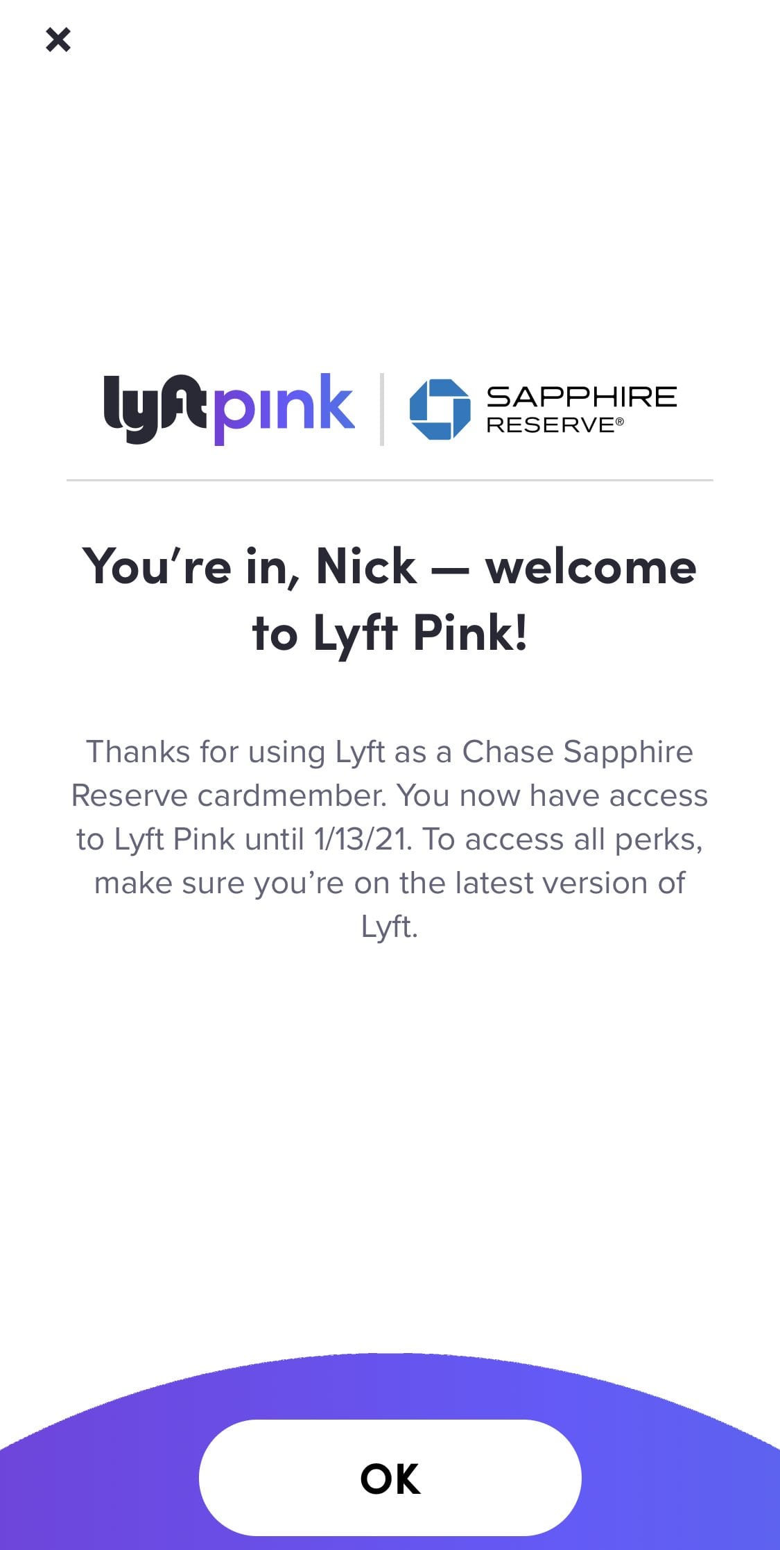 lyft pink welcome message
