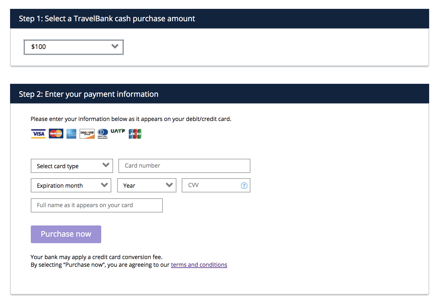 united travelbank purchase of $100 with blank credit card fields