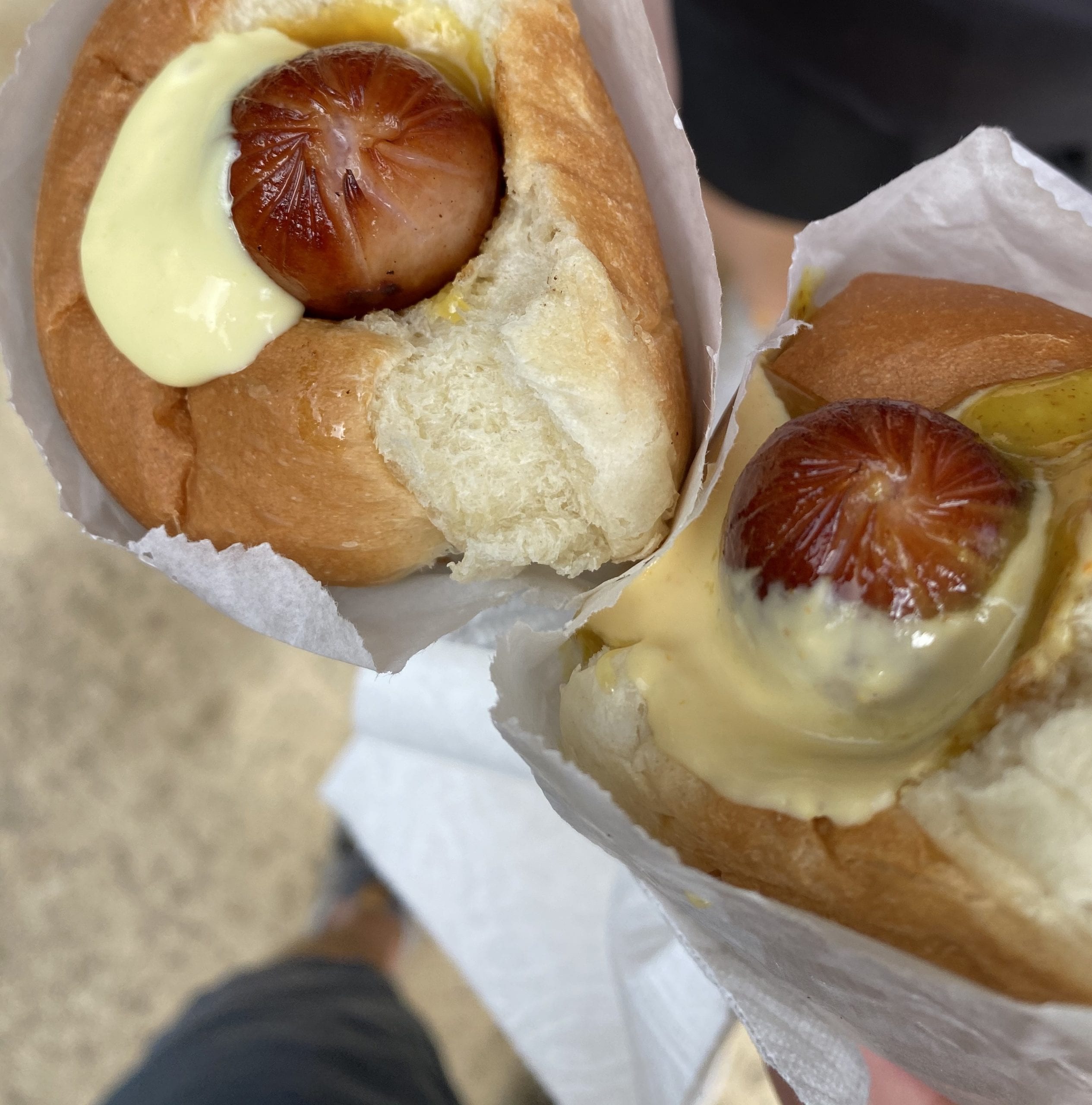 two hot dogs in buns