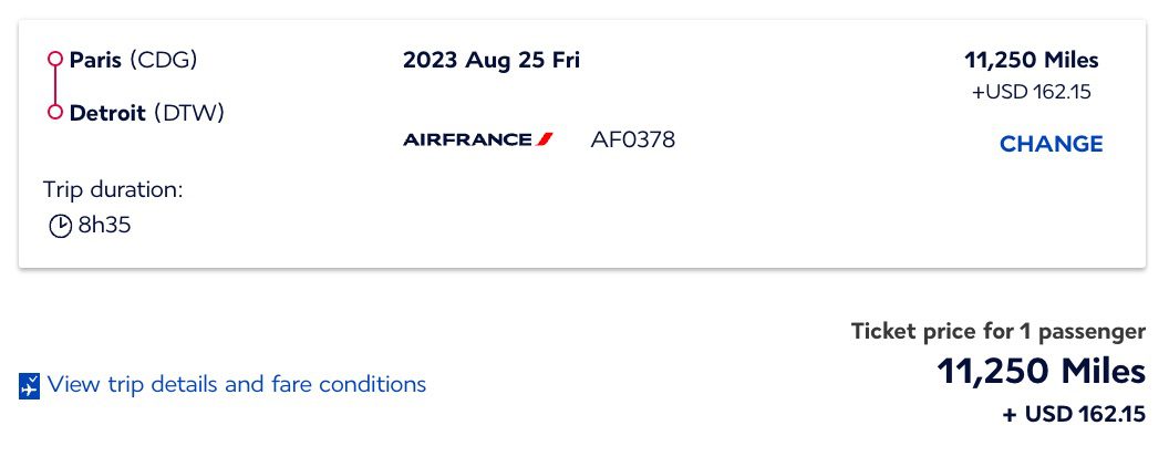 paris to detroit trip details and fare conditions