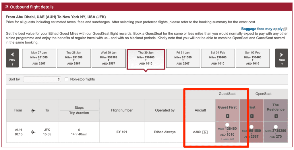 Etihad First Class booking on Etihad's website