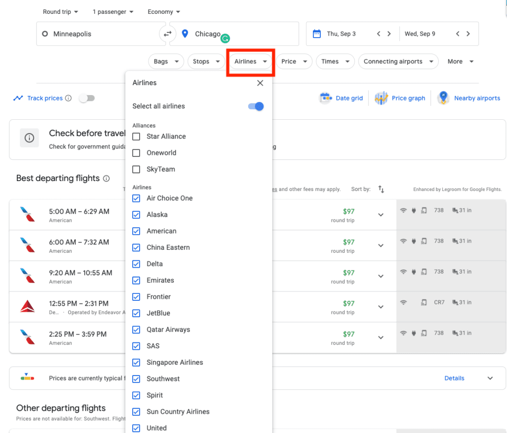 google flights filters