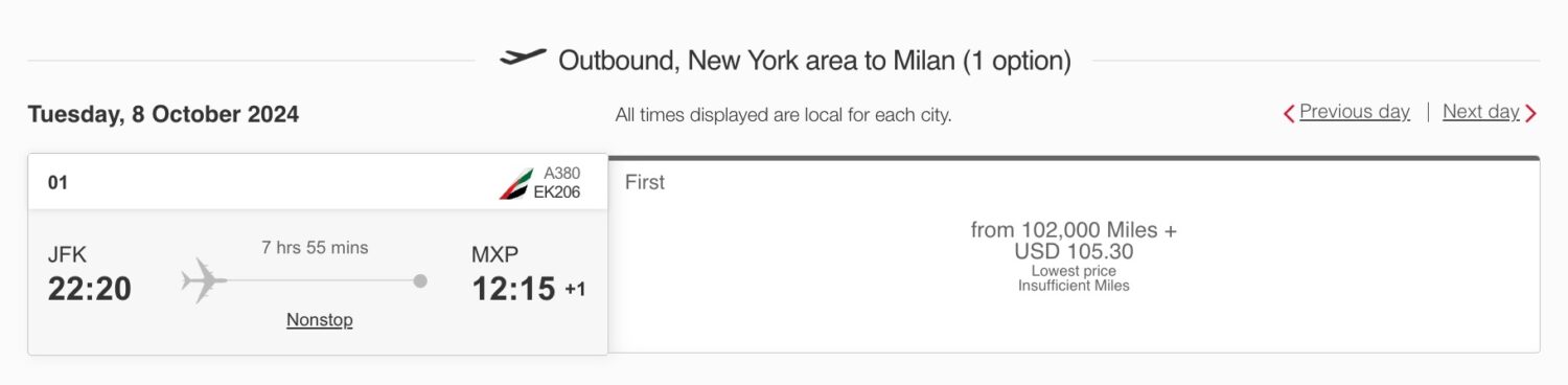 emirates first class jfk to mxp
