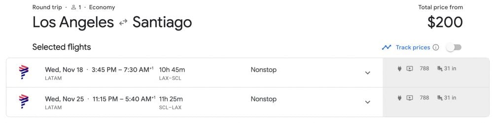 Google Flights search result for a los angeles to santiago flight for $200 roundtrip. 