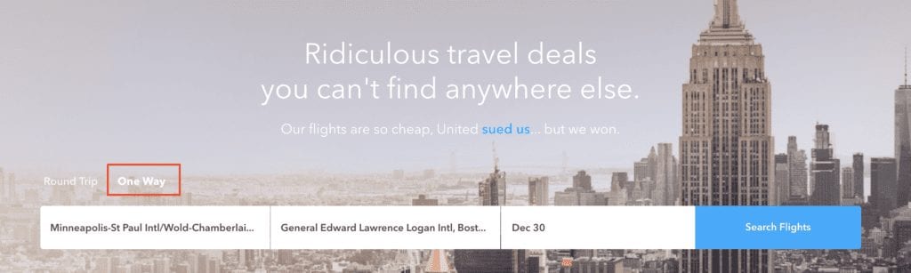 the homepage and search box for skiplagged