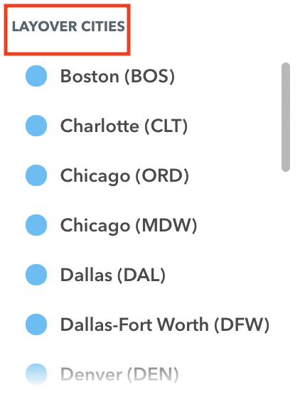 filters showing several cities and U.S. airports