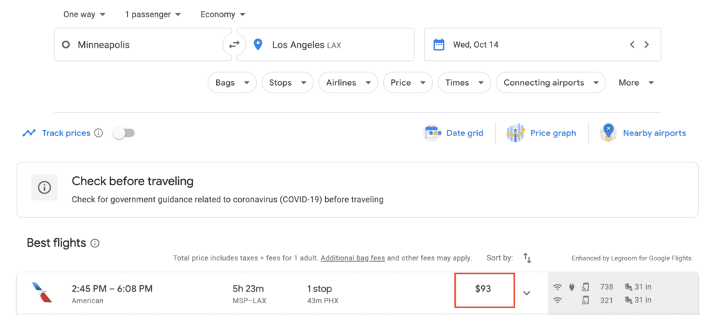 google flights screenshot from minneapolis to phoenix